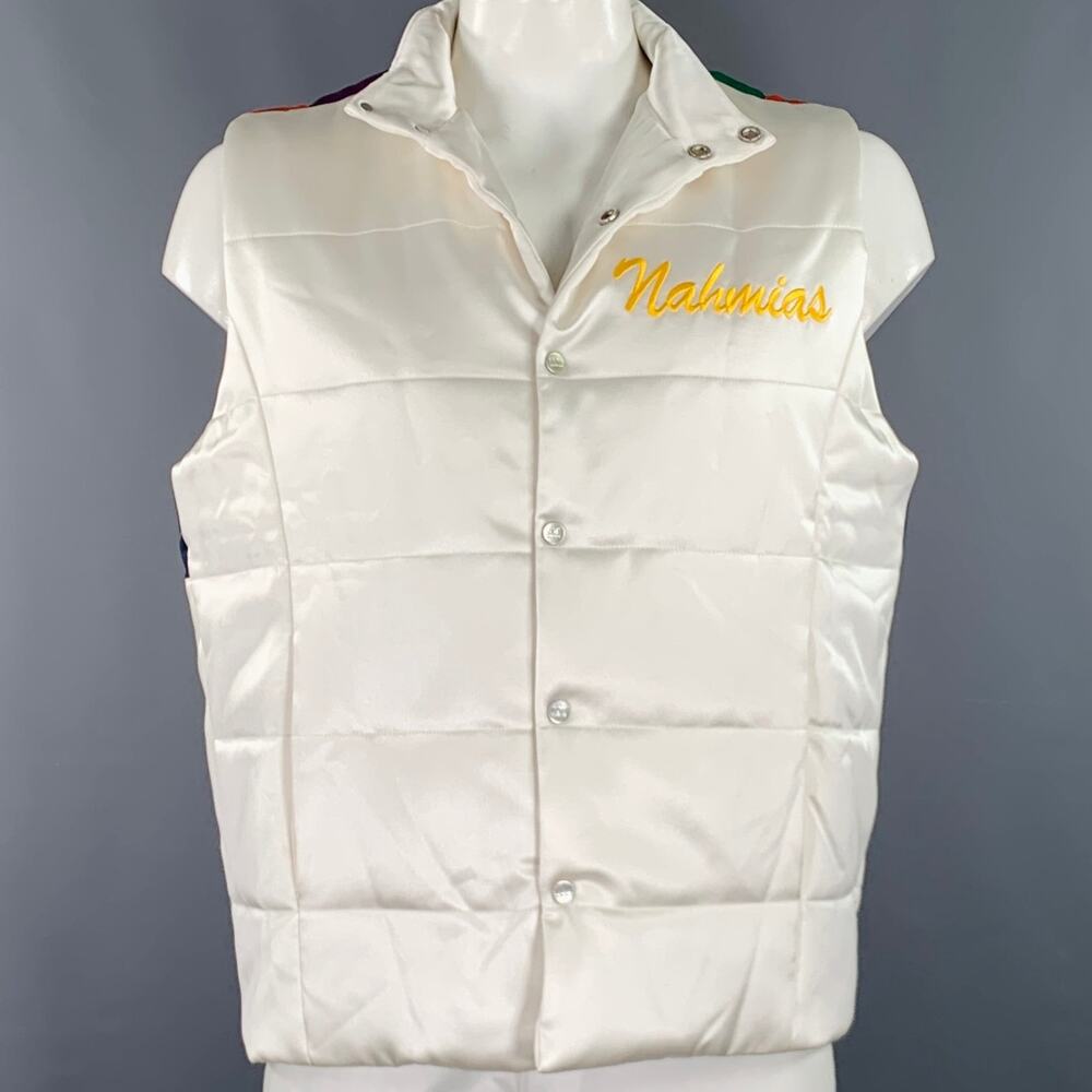 NAHMIAS Size XL -Summer Land- White Multi Color Embroidery Silk Button Up Vest